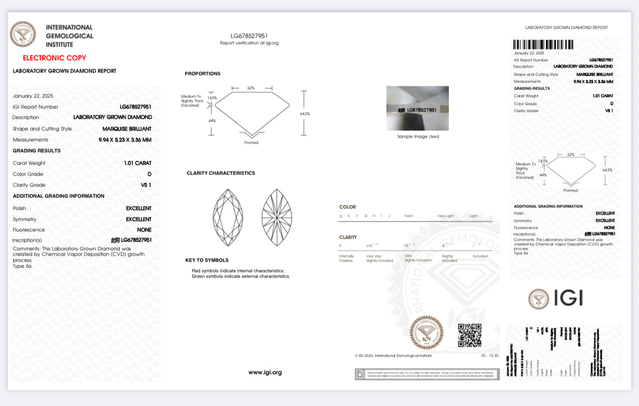 DIAMANTE DE LABORATORIO IGI CORTE MARQUISSE 1.01 CTS D VS1