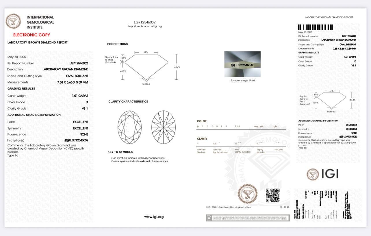 DIAMANTE DE LABORATORIO IGI CORTE OVAL 1.01 CTS D VS1